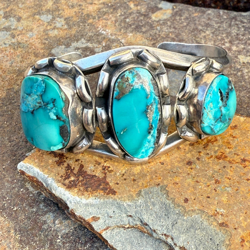 Vintage Navajo Sterling Silver & Rare Turquoise Row Bracelet Bracelet