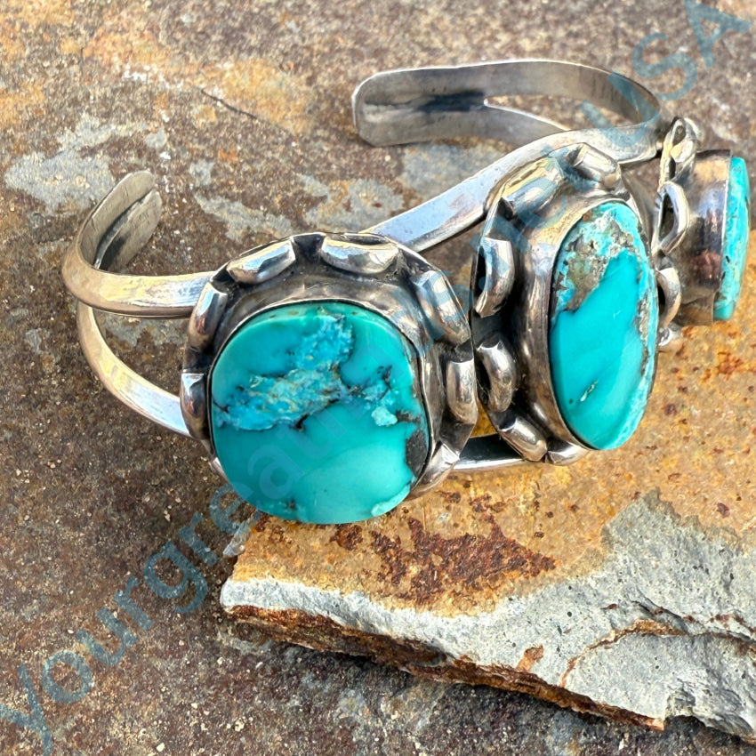 Vintage Navajo Sterling Silver & Rare Turquoise Row Bracelet Bracelet