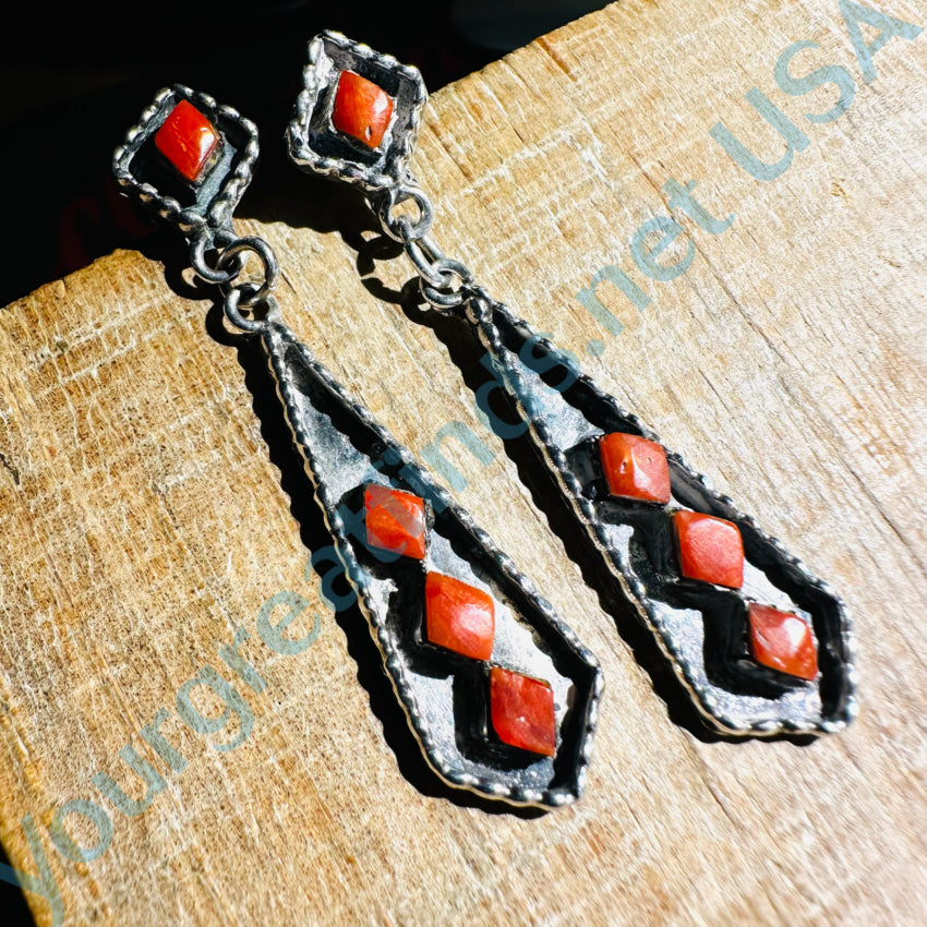 Vintage Navajo Sterling Silver & Red Branch Coral Pierced Earrings