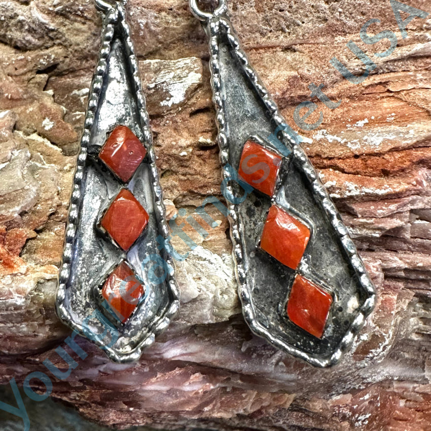 Vintage Navajo Sterling Silver &amp; Red Branch Coral Pierced Earrings