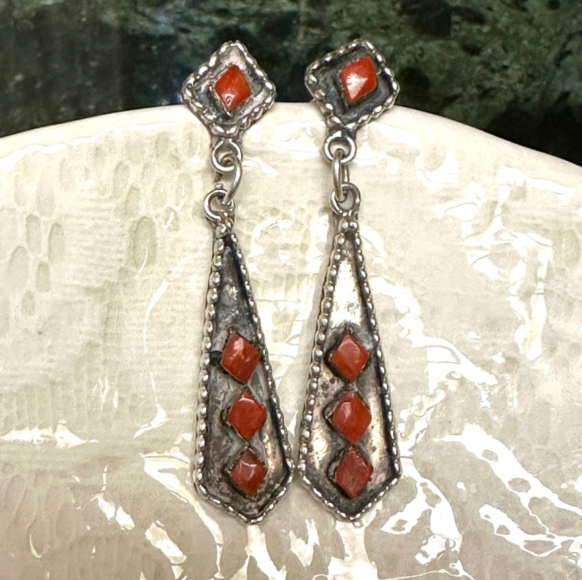 Vintage Navajo Sterling Silver & Red Branch Coral Pierced Earrings