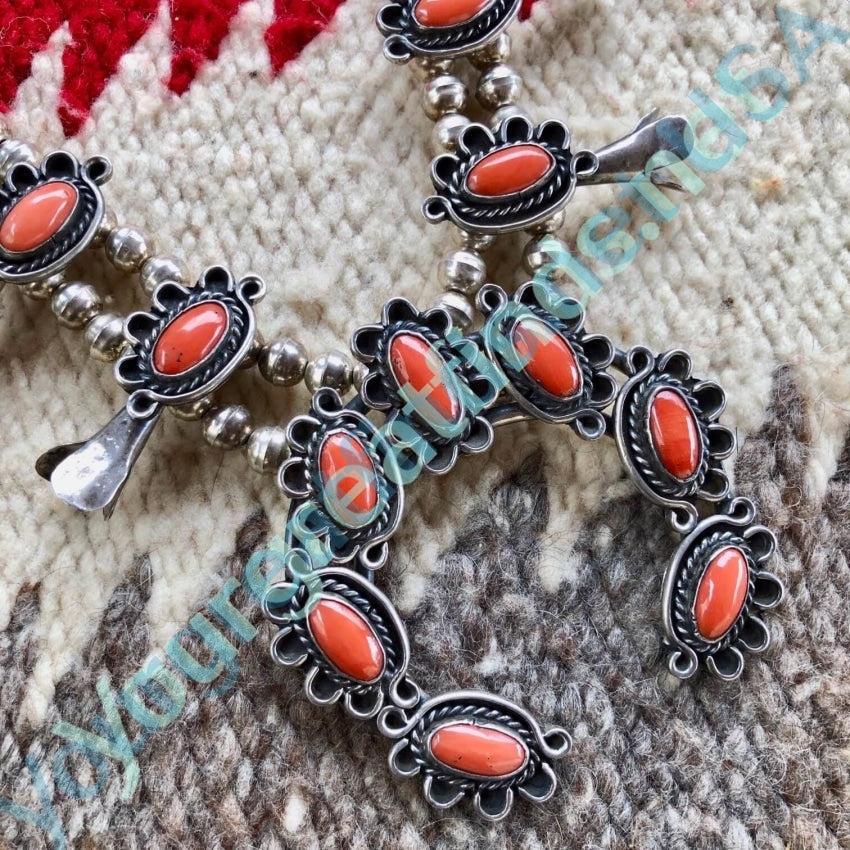 Vintage Navajo Sterling Silver Red C0ral Squash Blossom Necklace Yourgreatfinds