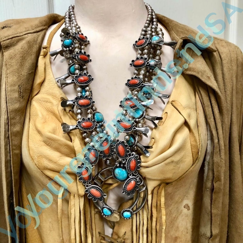 Vintage 139gm Petit Point Squash Blossom Necklace Two Sided Turquoise and  Coral, Native American