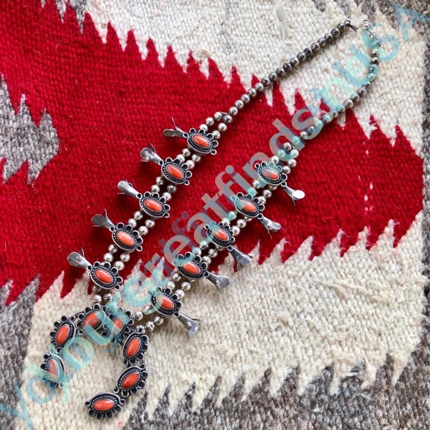 Vintage Navajo Sterling Silver Red C0ral Squash Blossom Necklace Yourgreatfinds