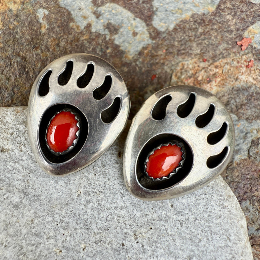 Vintage Navajo Sterling Silver& Red Coral Bear Track Pierced Earrings earrings