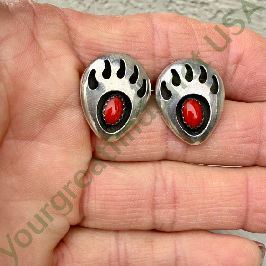 Vintage Navajo Sterling Silver& Red Coral Bear Track Pierced Earrings earrings
