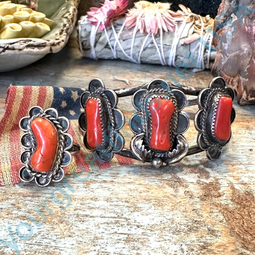 Vintage Navajo Sterling Silver Red Coral Cuff Bracelet