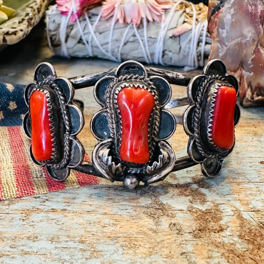 Vintage Navajo Sterling Silver Red Coral Cuff Bracelet