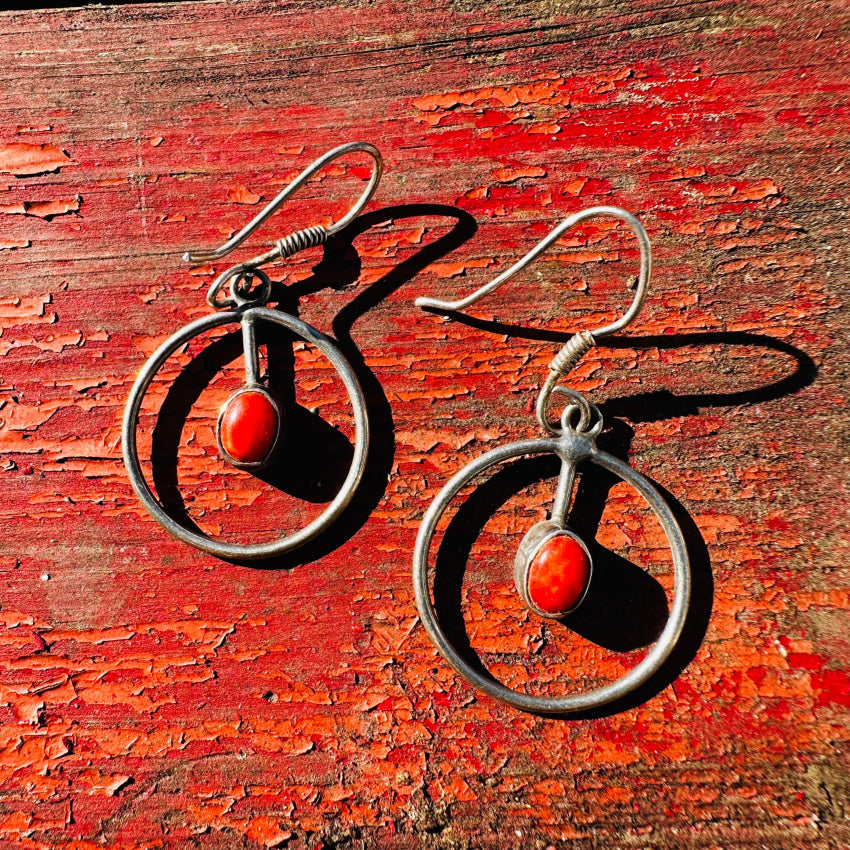 Vintage Navajo Sterling Silver & Red Coral Hoop Earrings Pierced Earrings