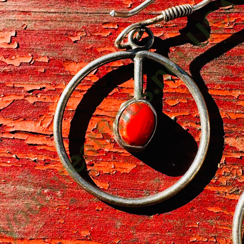 Vintage Navajo Sterling Silver & Red Coral Hoop Earrings Pierced Earrings