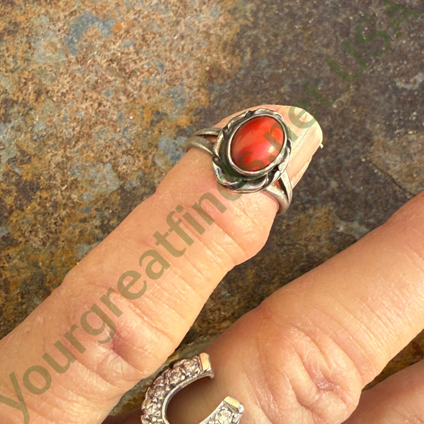Vintage Navajo Sterling Silver & Red Coral Ring Child Size 3 Ring