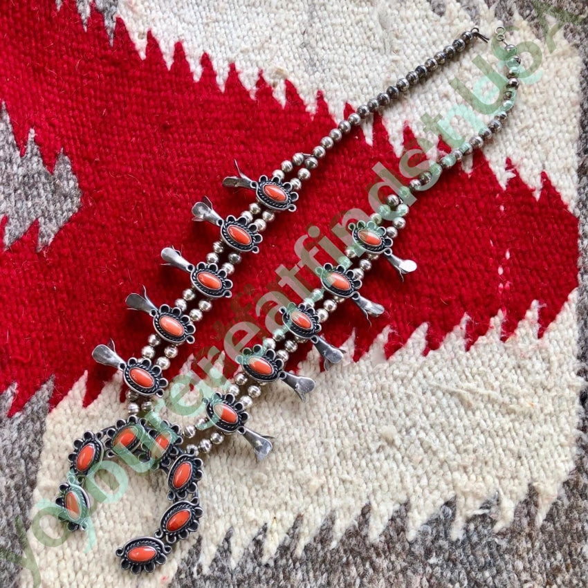 Vintage Navajo Sterling Silver Red Coral Squash Blossom Necklace