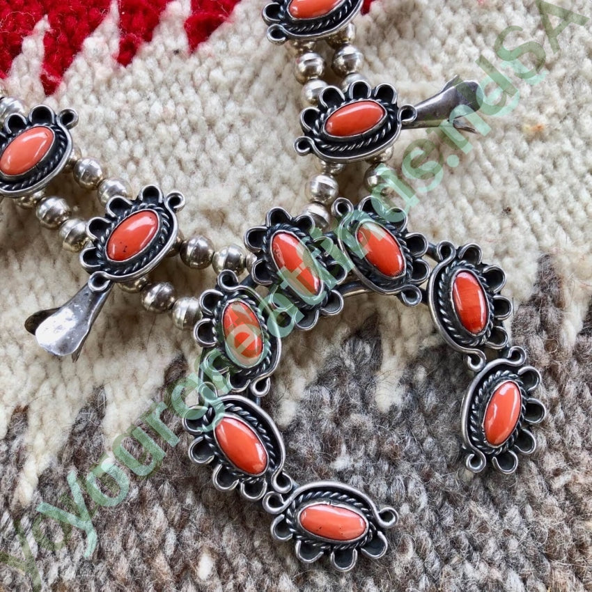 Vintage Navajo Sterling Silver Red Coral Squash Blossom Necklace
