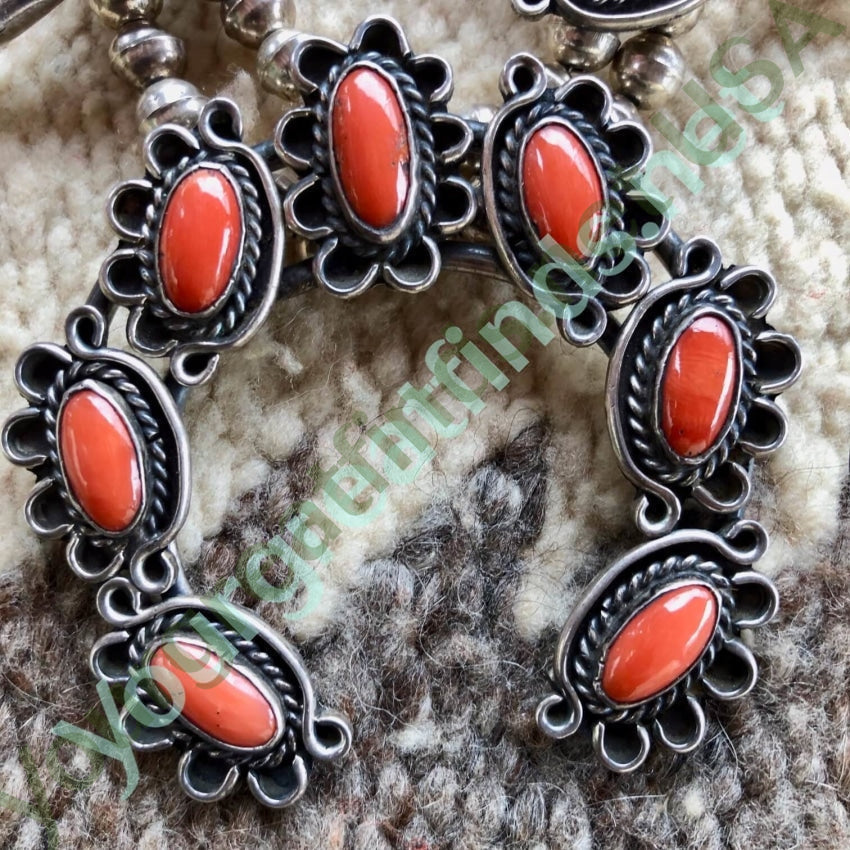 Vintage Navajo Sterling Silver Red Coral Squash Blossom Necklace