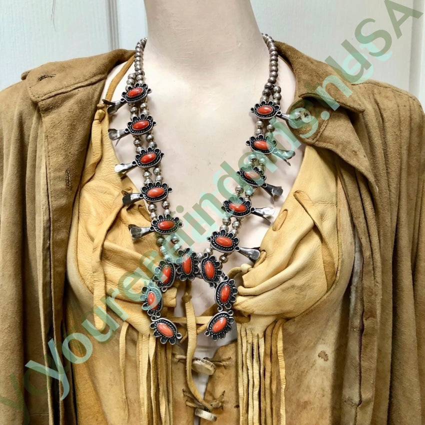 Vintage Navajo Sterling Silver Red C0ral Squash Blossom Necklace Yourgreatfinds