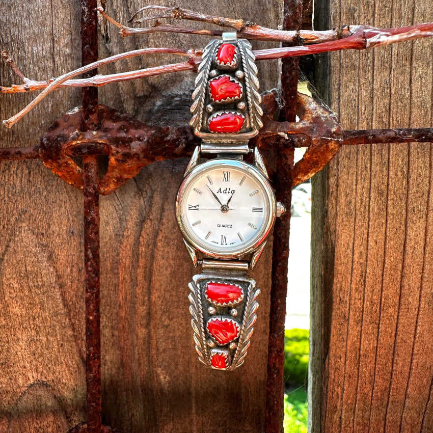 Vintage Navajo Sterling Silver &amp; Red Coral Watch Band Plates Running Bear