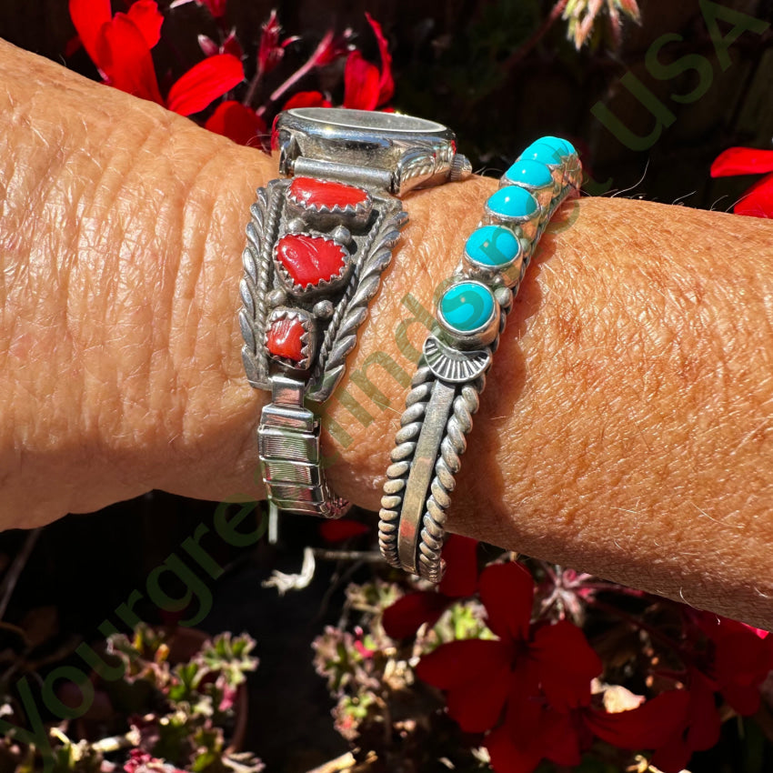 Vintage Navajo Sterling Silver & Red Coral Watch Band Plates Running Bear