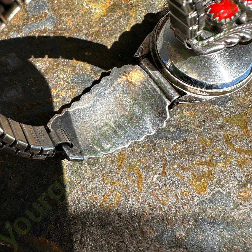 Vintage Navajo Sterling Silver & Red Coral Watch Band Plates Running Bear