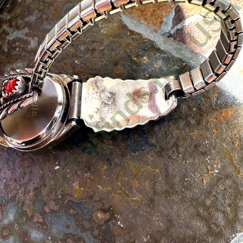 Vintage Navajo Sterling Silver & Red Coral Watch Band Plates Running Bear