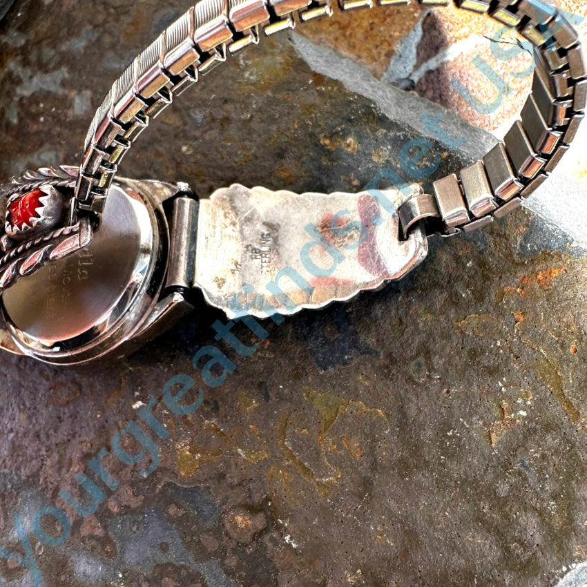 Vintage Navajo Sterling Silver &amp; Red Coral Watch Band Plates Running Bear