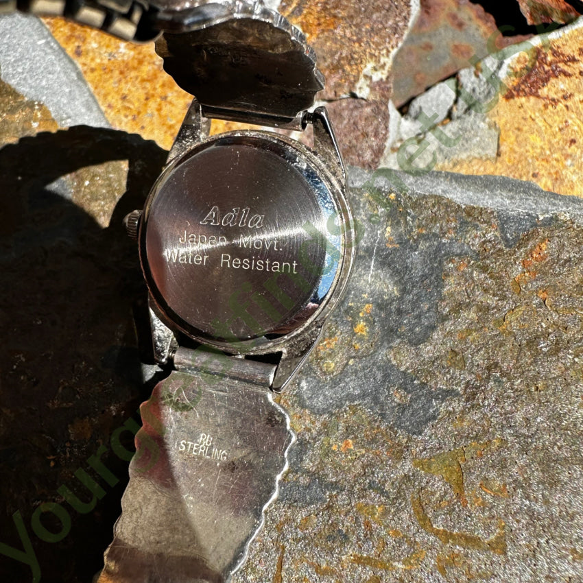 Vintage Navajo Sterling Silver & Red Coral Watch Band Plates Running Bear