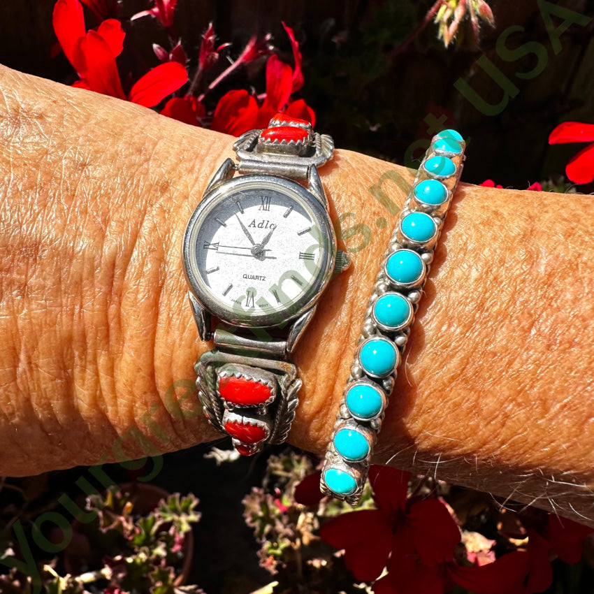 Vintage Navajo Sterling Silver & Red Coral Watch Band Plates Running Bear
