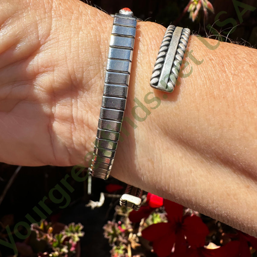 Vintage Navajo Sterling Silver & Red Coral Watch Band Plates Running Bear