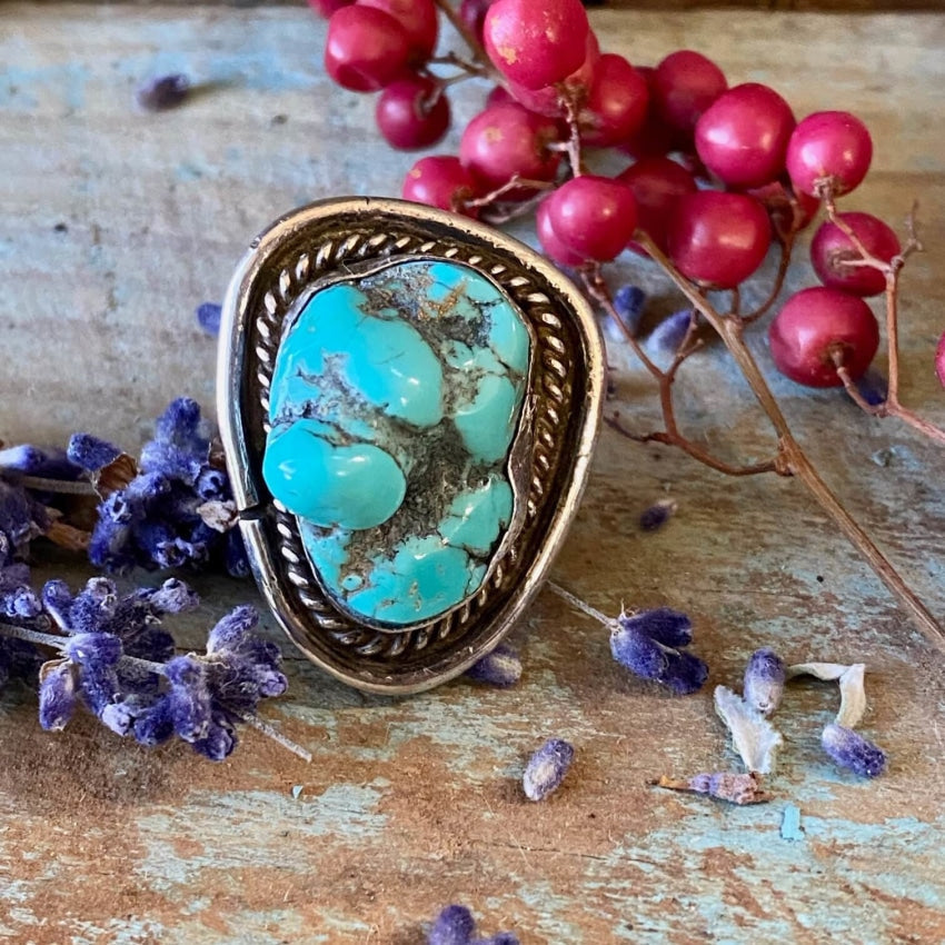 Vintage Navajo Sterling Silver Ring Nugget Turquoise Size 6 1/2 Yourgreatfinds