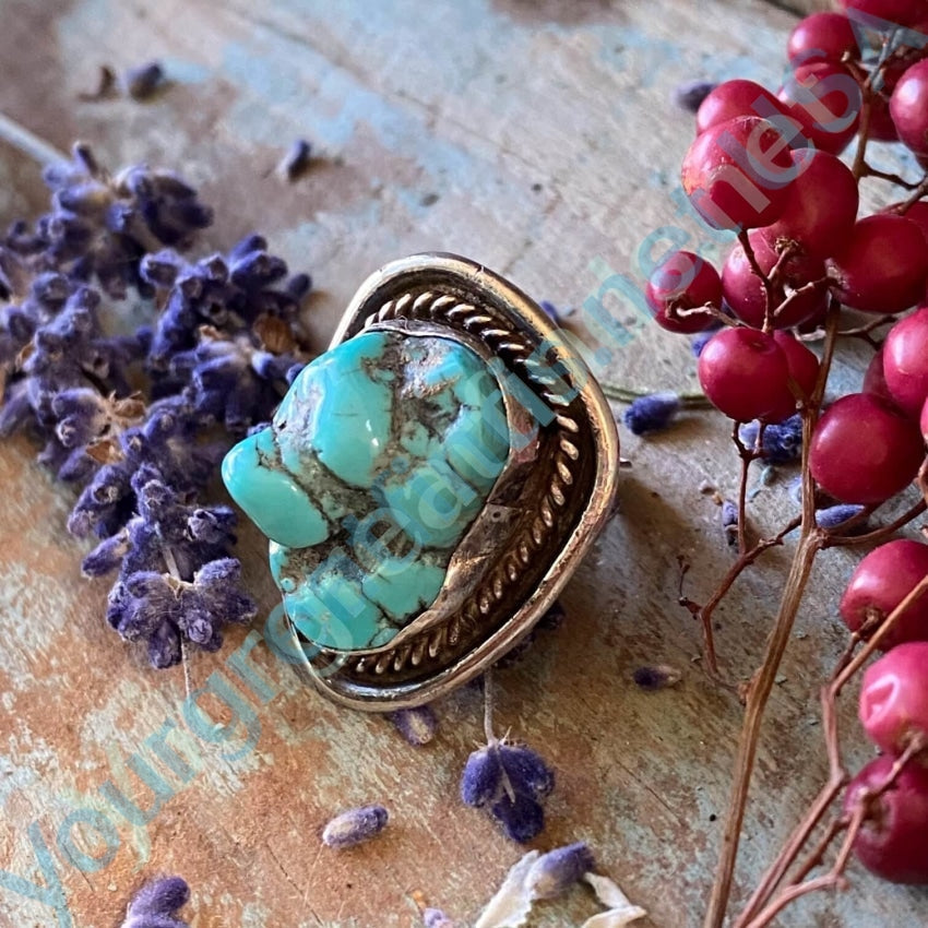 Vintage Navajo Sterling Silver Ring Nugget Turquoise Size 6 1/2 Yourgreatfinds