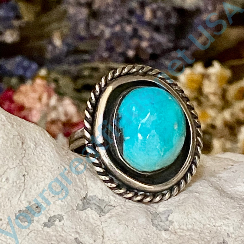 Vintage Navajo Sterling Silver Round Turquoise Ring Size 7