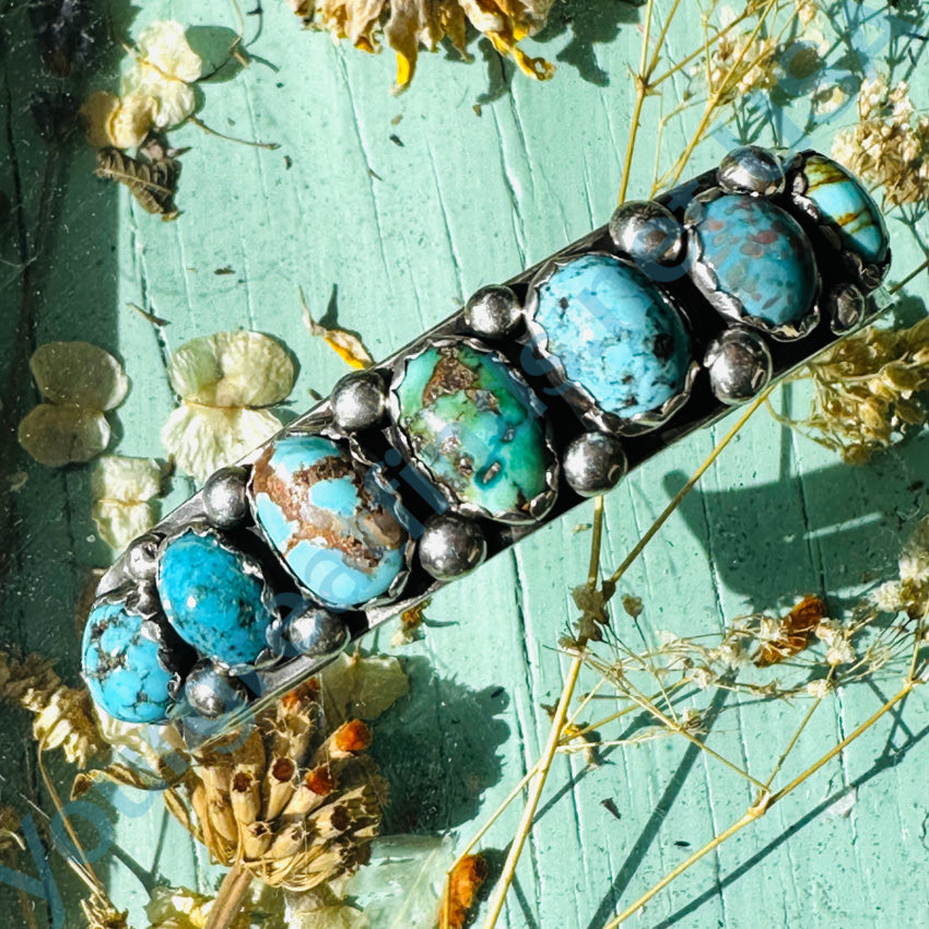 Vintage Navajo Sterling Silver Sampler Turquoise Row Bracelet