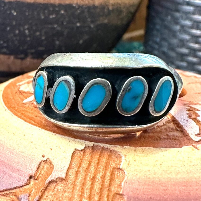 Vintage Navajo Sterling Silver Sand Cast Row Ring Turquoise Size 10.5
