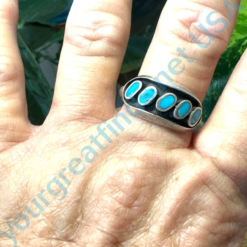 Vintage Navajo Sterling Silver Sand Cast Row Ring Turquoise Size 10.5