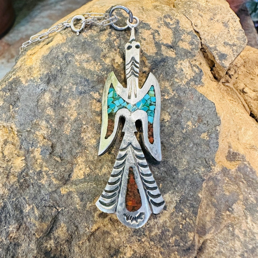 Vintage Navajo Sterling Silver Shiprock Mosaic Phoenix Bird Necklace