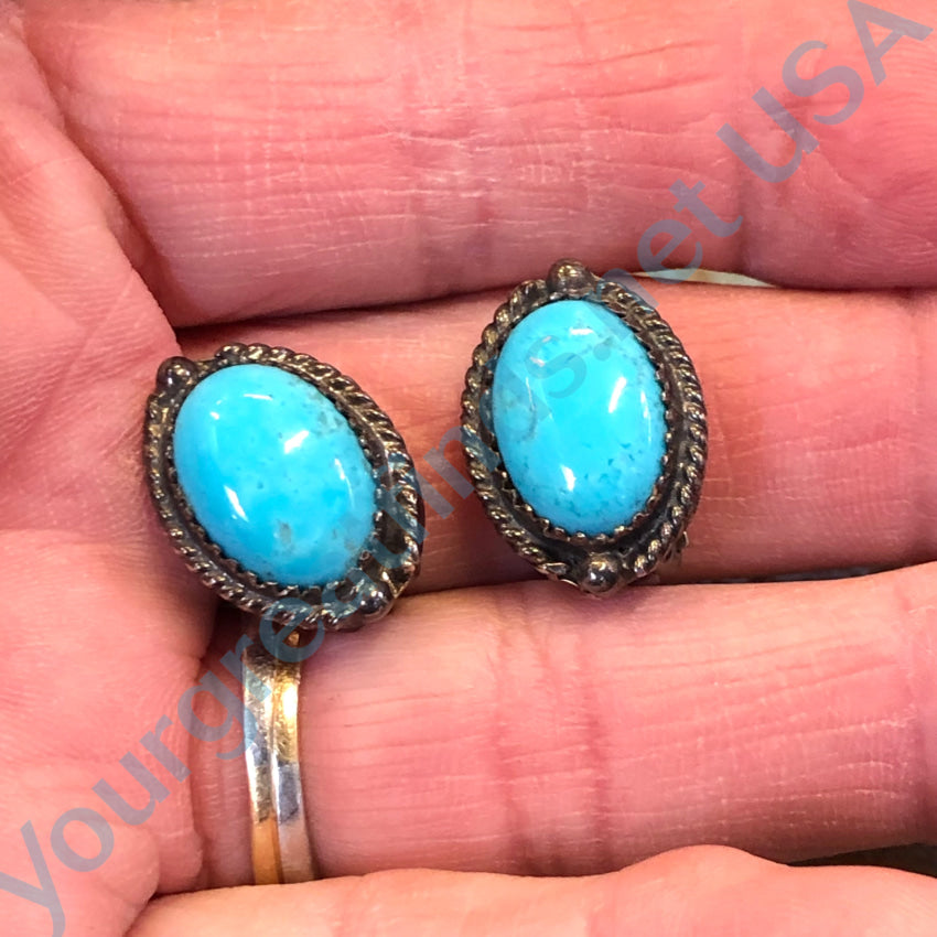 Vintage Navajo Sterling Silver & Sky Blue Turquoise Clip On Earrings