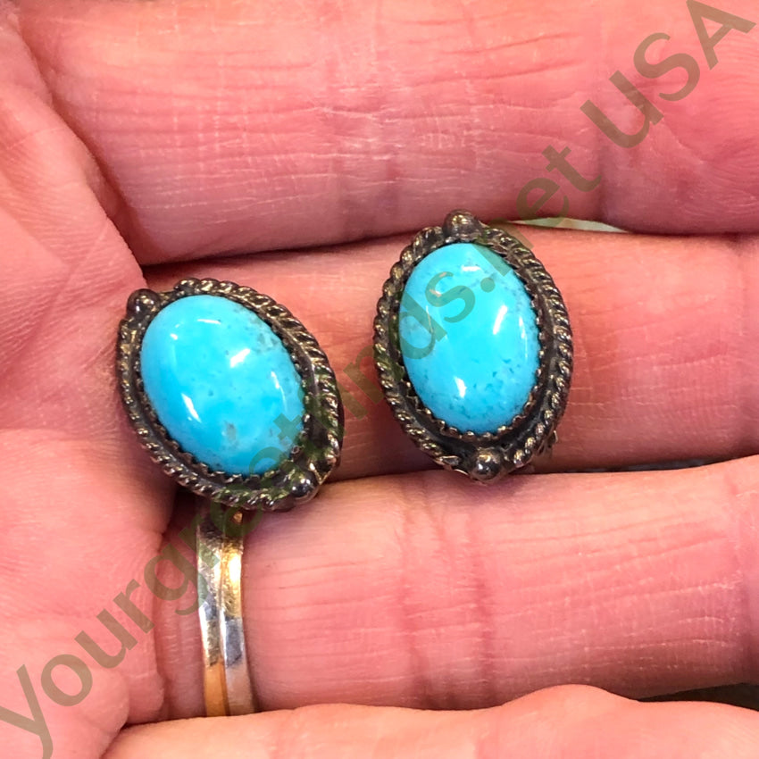 Vintage Navajo Sterling Silver & Sky Blue Turquoise Clip On Earrings