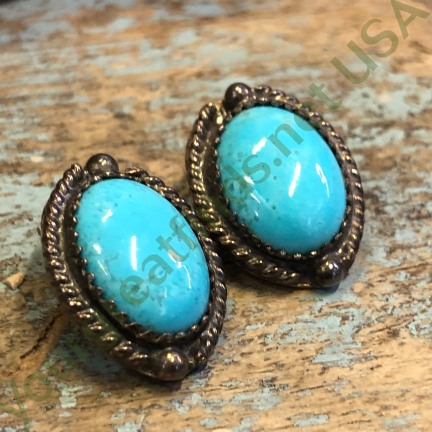 Vintage Navajo Sterling Silver & Sky Blue Turquoise Clip On Earrings