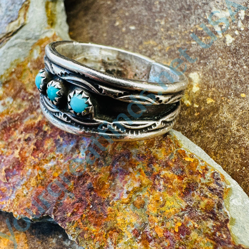 Vintage Navajo Sterling Silver & Snake Eye Turquoise Band Ring 7.75 Ring