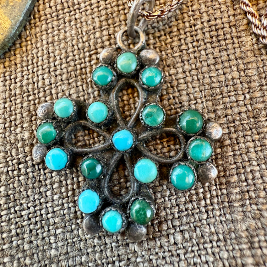 Vintage Navajo Sterling Silver & Snake Eye Turquoise Cross Necklace necklace