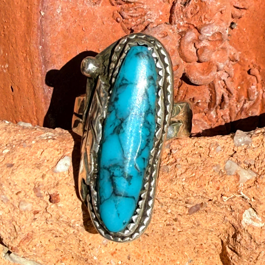 Vintage Navajo Sterling Silver & Spider Web Turquoise Long Ring 7 ring