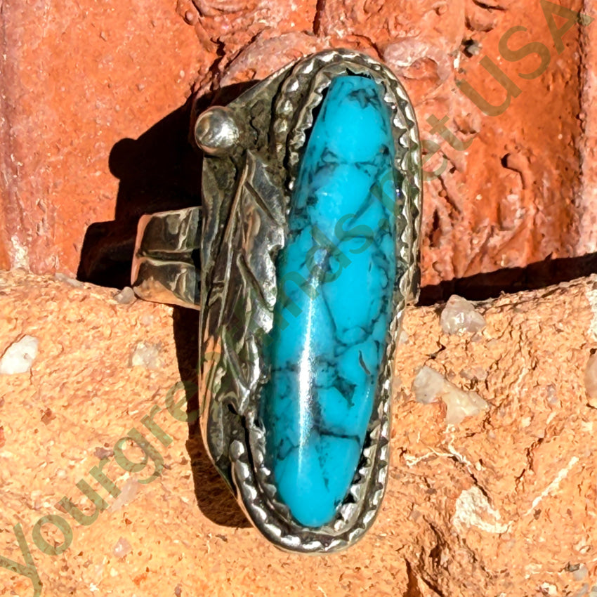 Vintage Navajo Sterling Silver & Spider Web Turquoise Long Ring 7 ring