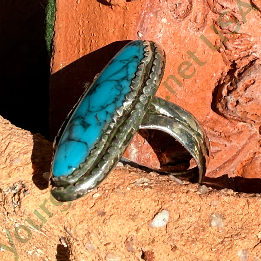 Vintage Navajo Sterling Silver & Spider Web Turquoise Long Ring 7 ring