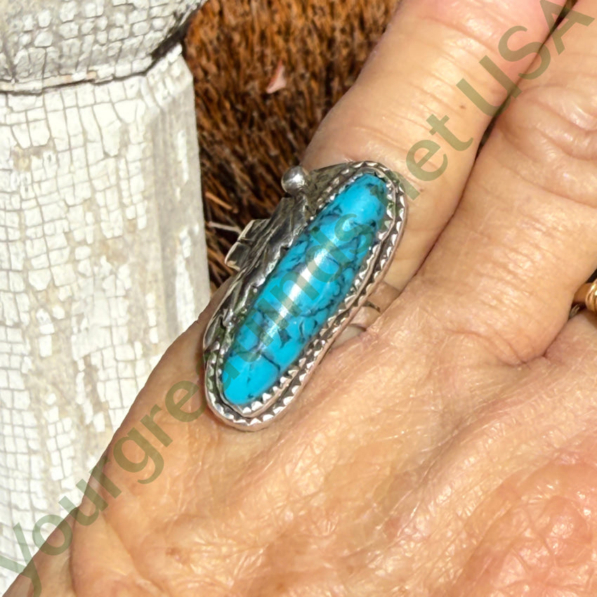 Vintage Navajo Sterling Silver & Spider Web Turquoise Long Ring 7 ring