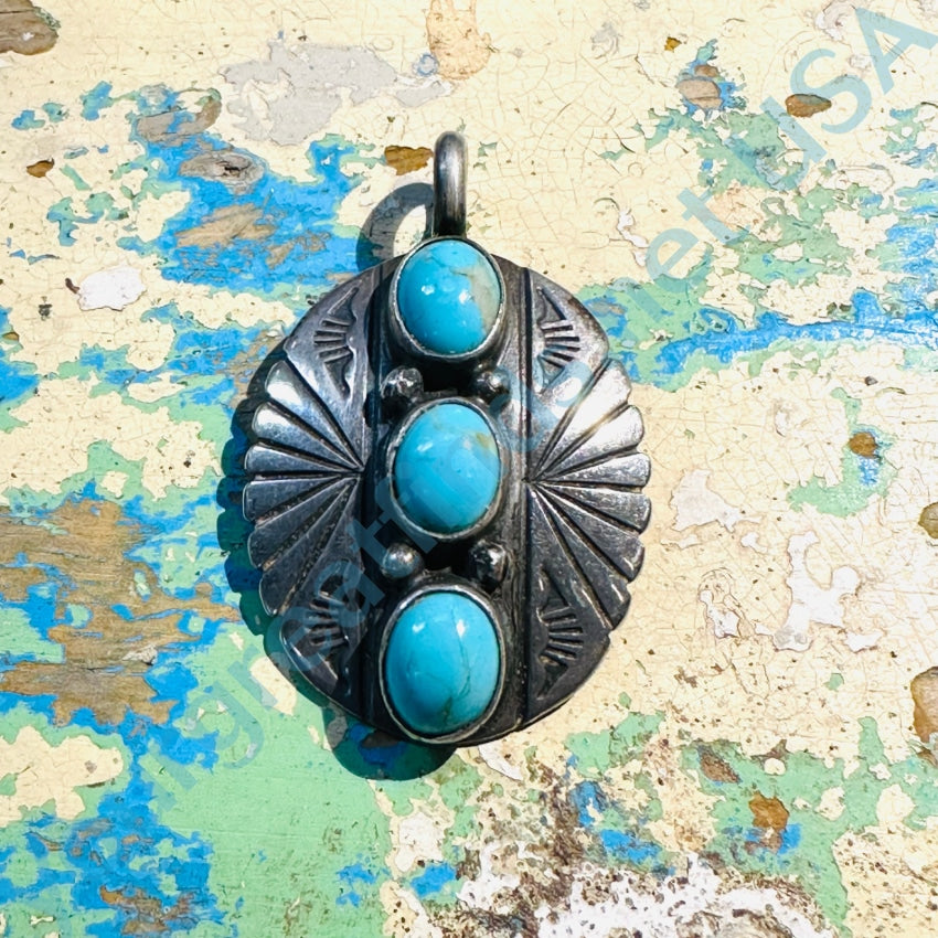 Vintage Navajo Sterling Silver Stamped Concho Pendant 3 Turquoise Stones