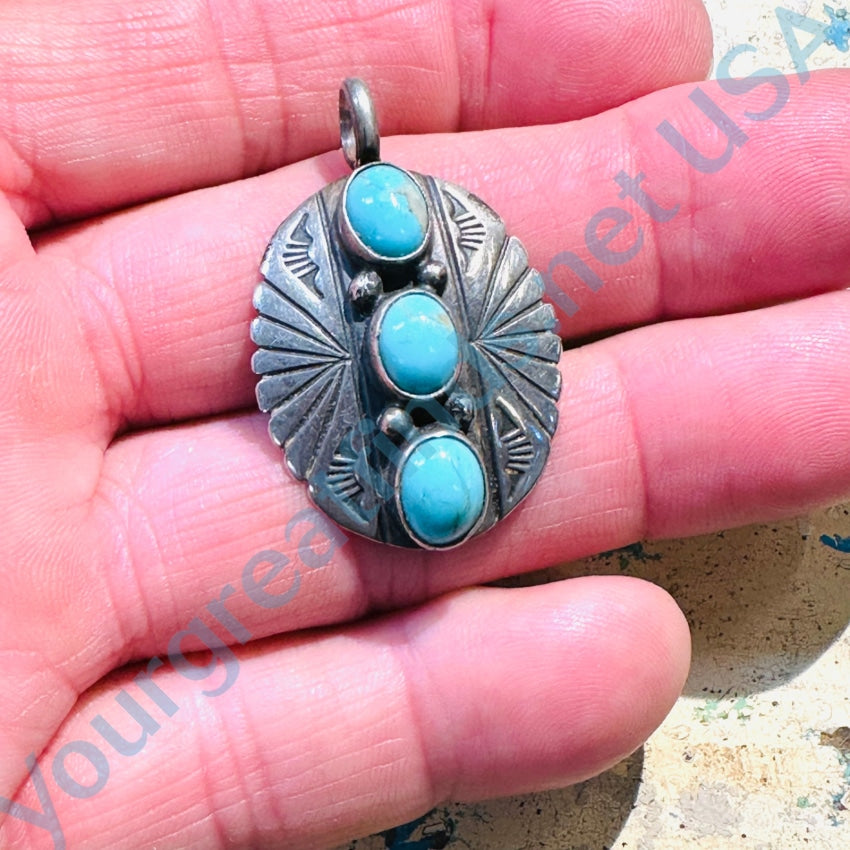 Vintage Navajo Sterling Silver Stamped Concho Pendant 3 Turquoise Stones