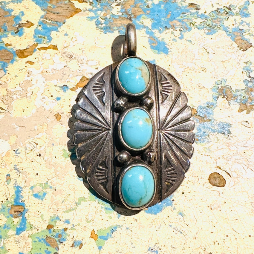 Vintage Navajo Sterling Silver Stamped Concho Pendant 3 Turquoise Stones