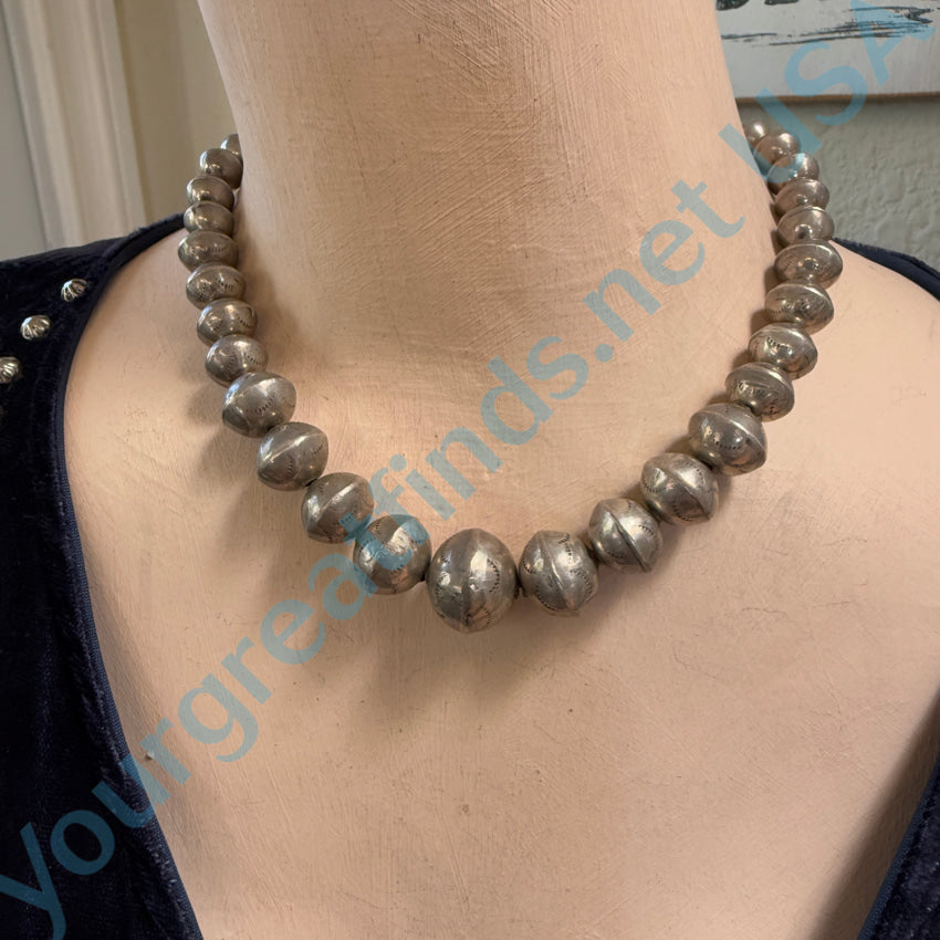 Vintage Navajo Sterling Silver Stamped Wedding Bead Necklace Necklaces