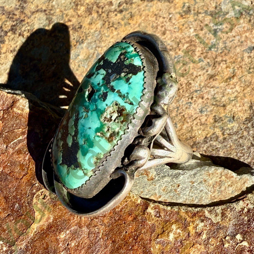 Vintage Navajo Sterling Silver Stunning Natural Turquoise Stone Size 9 Ring