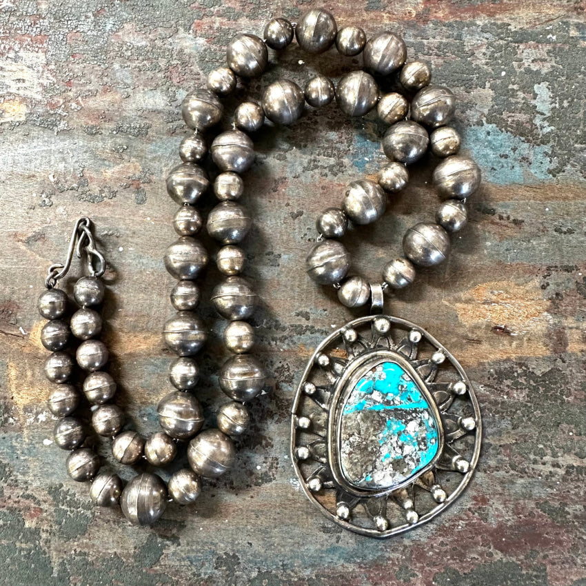 Vintage Navajo Sterling Silver Sun Beaded Turquoise Necklace