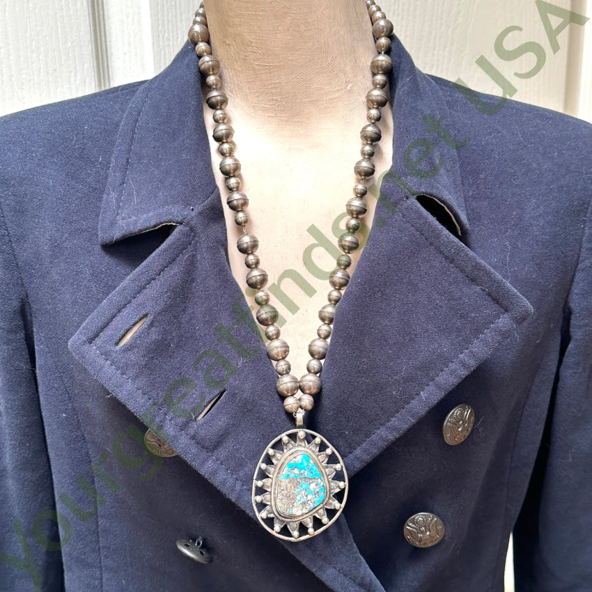Vintage Navajo Sterling Silver Sun Beaded Turquoise Necklace